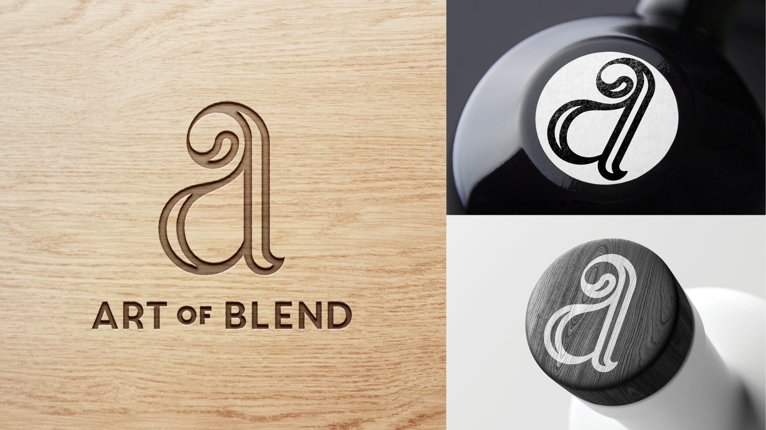 Three Art of Blend logos applied on different surfaces, showcasing the brand refresh work Brother and Co has done.