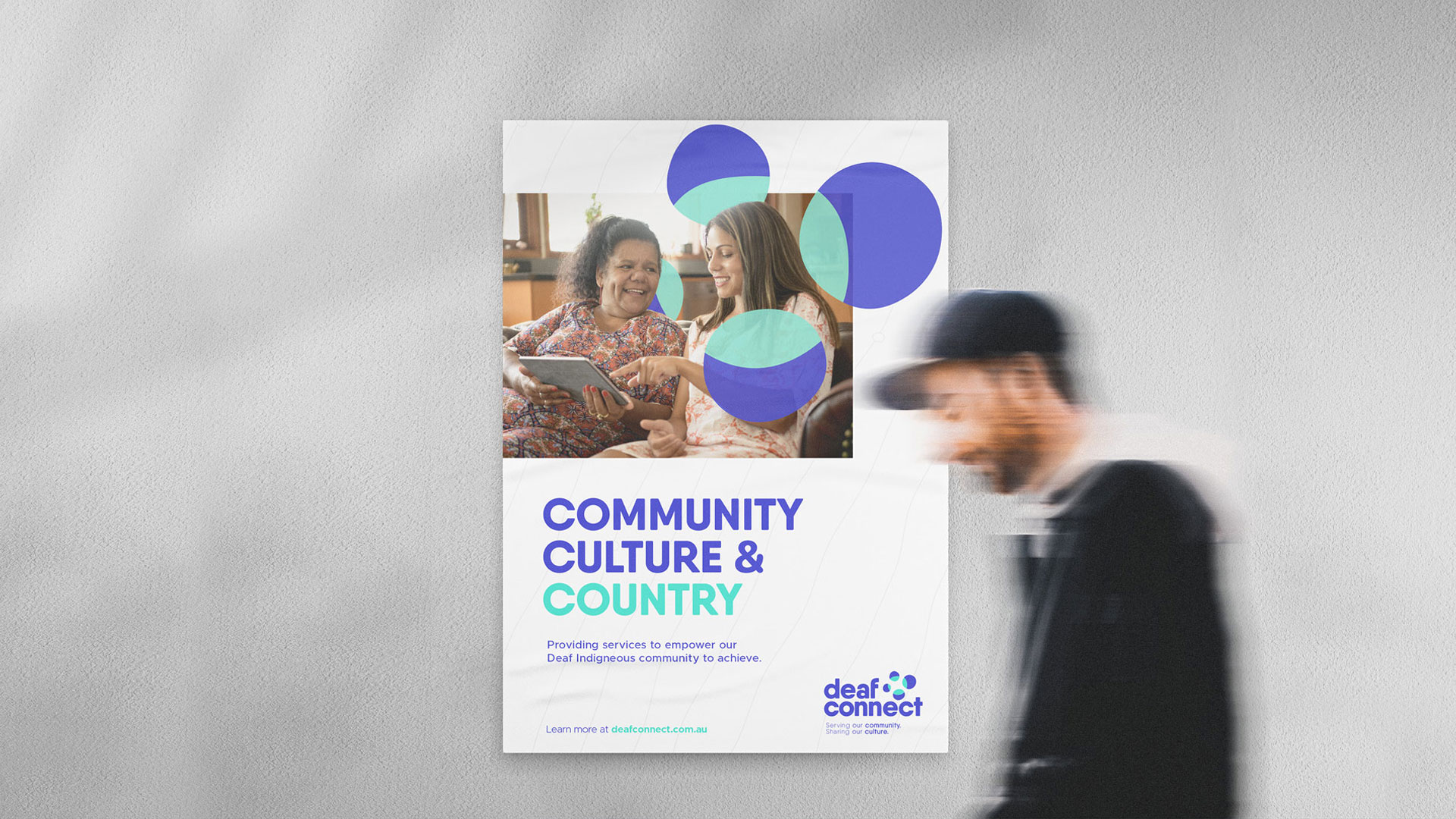 Out of home poster using the new deaf connect brand identity - it says Community, Culture & Country.