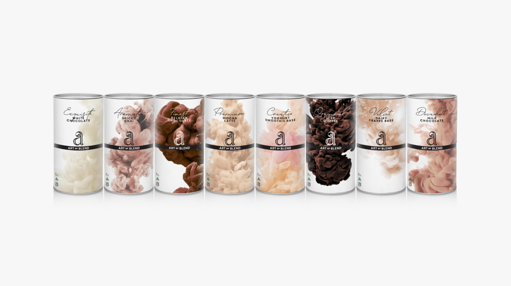 A row of 8 Art of Blend mix packages, including White Chocolate, Spiced Chai, Belgian Chocolate, Mocha Latte, Yogurt Smoothie Base, Iced Coffee, Dairy Frappe Base, and Milk Chocolate.