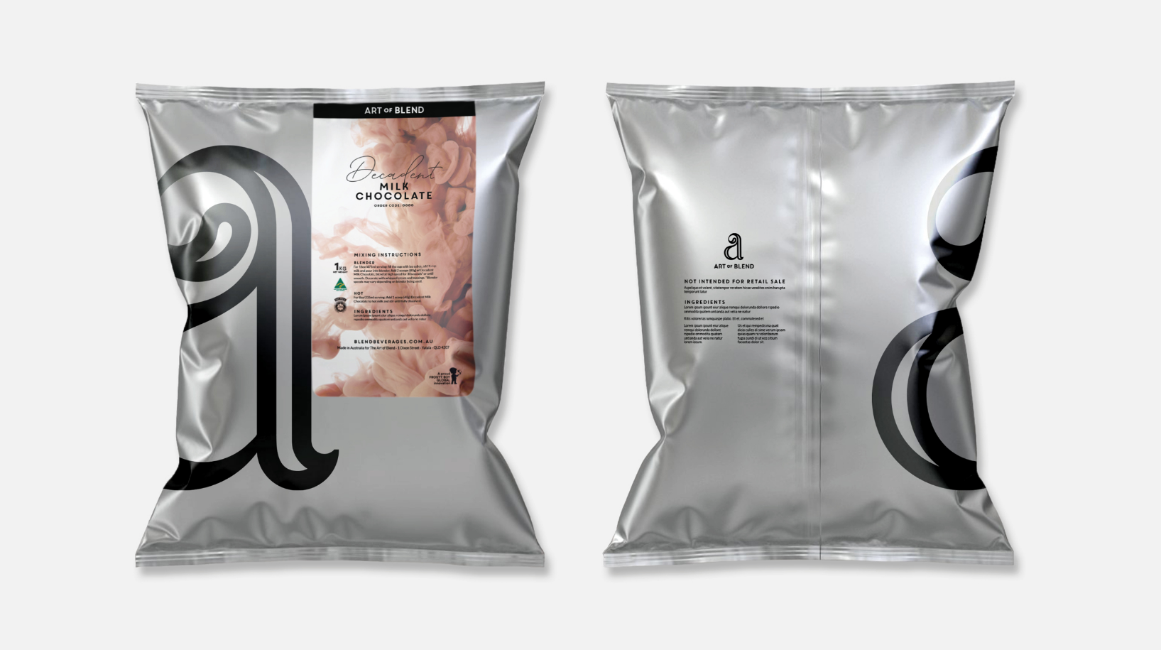 Front and back of two Art of Blend milk chocolate bags
