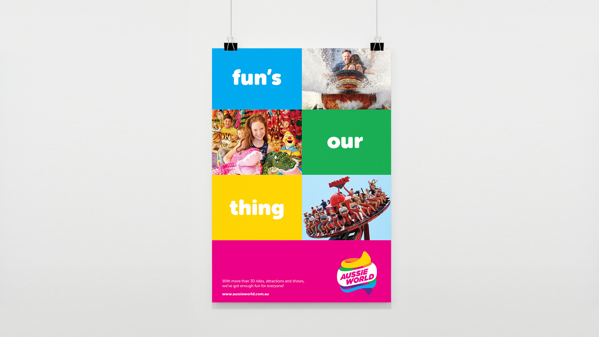 An image of a poster promoting Aussie World. The poster features various rides and attractions with the tagline 'Fun's Our Thing'.
